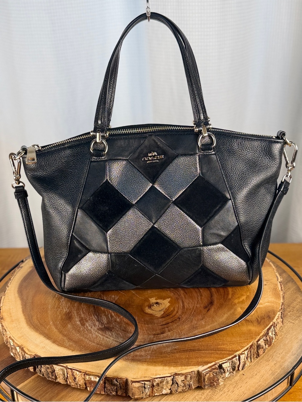 Coach Black Leather Suede Patchwork Margot Carryall - Geometric Satchel Bag